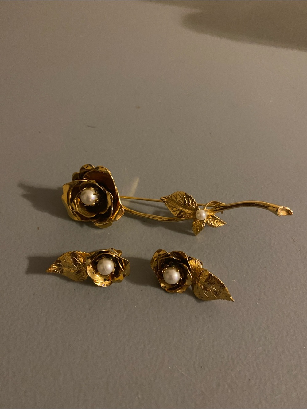 Gold-Tone Pearl Rose Brooch and Clip on Earring Set